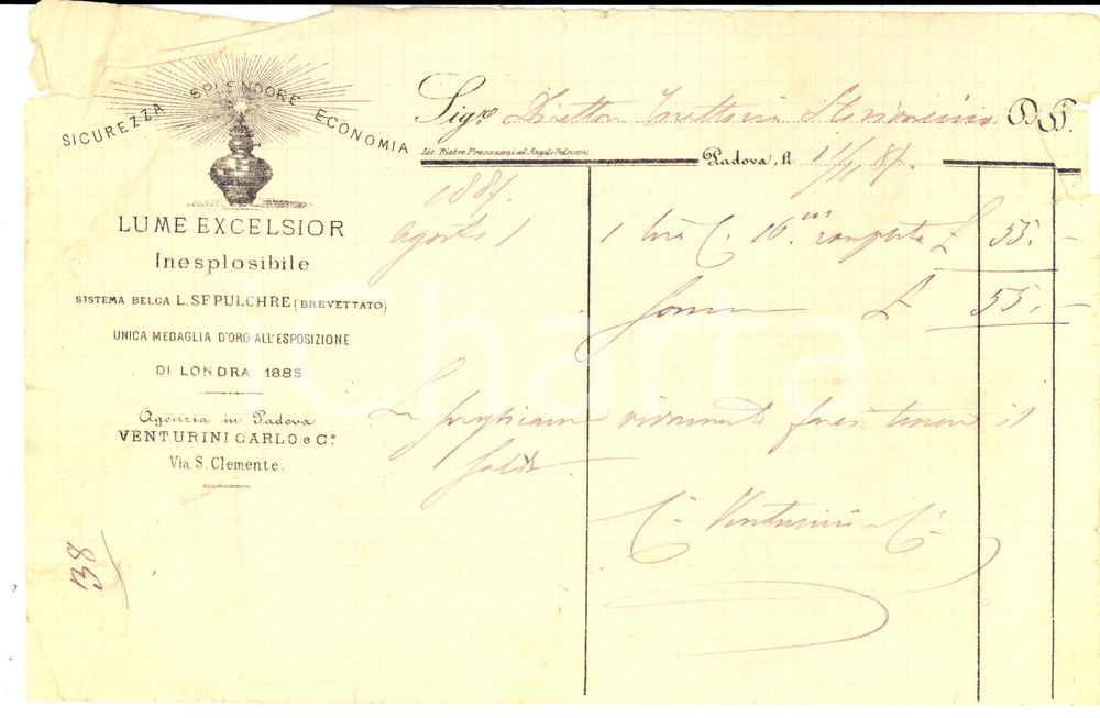 Documento originale, autentico 1887 PADOVA Lume EXCELSIOR Inesplosibile  Agente Carlo VENTURINI Fattura 1
