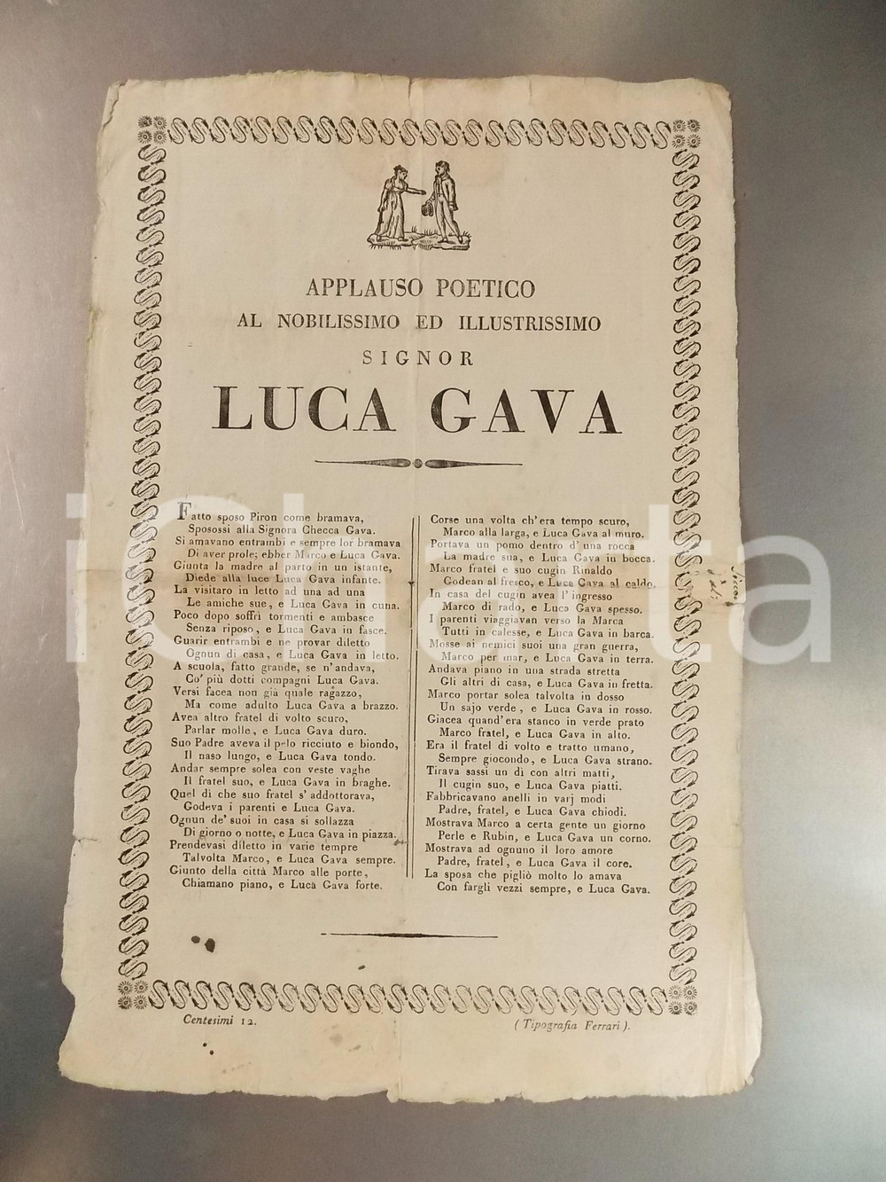 Documento originale, autentico 1800 ca VENETO Applauso poetico al nobilissimo Luca GAVA Manifesto CURIOSO 1