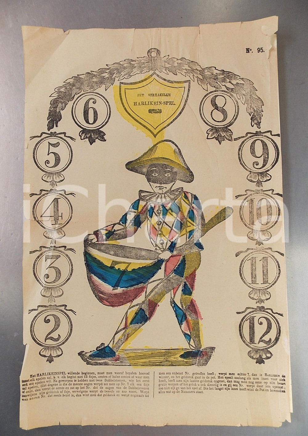 Stampa, bozzetto originale 1880 ca GIOCO DELL OCA NETHERLANDS Het Vermakelijk Harlikein Spel Base 25x39 cm 1