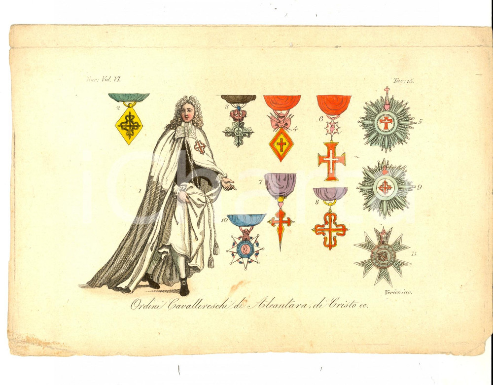 Stampa, bozzetto originale 1830 ca FERRARIO COSTUME EUROPEO Ordini cavallereschi di Alcantara Inc. VERICO 1