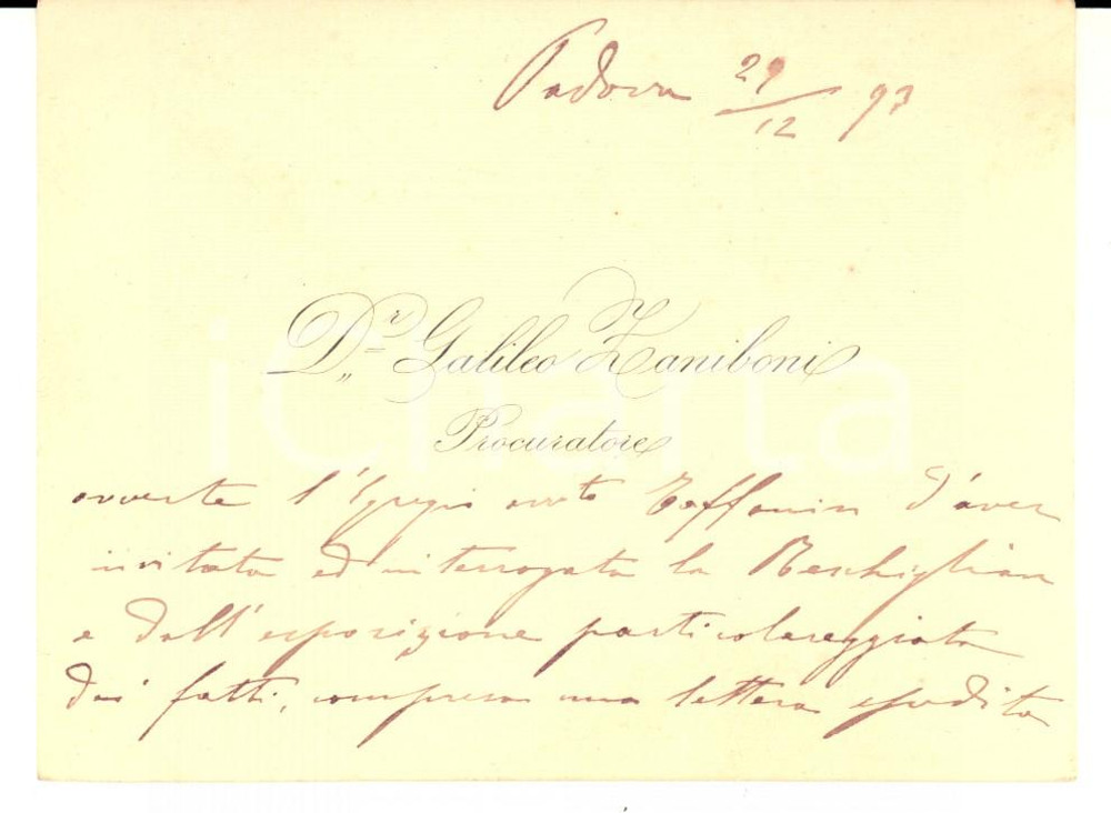 Autografo originale 1893 PADOVA Procuratore Galileo ZANIBONI Biglietto da visita autografo 1