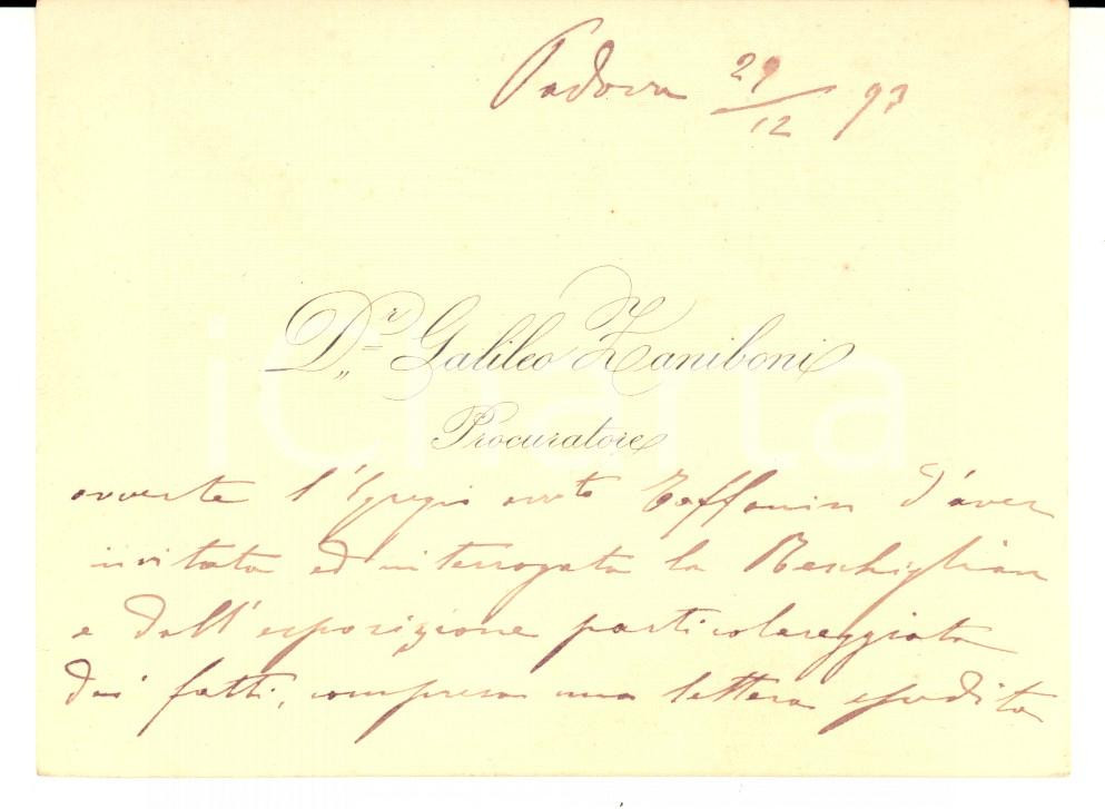 Autografo originale 1893 PADOVA Procuratore Galileo ZANIBONI Biglietto da visita autografo 1