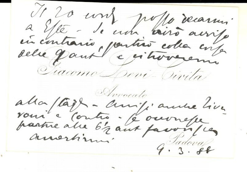 Autografo originale 1888 PADOVA Patriota Giacomo LEVI CIVITA Biglietto da visita AUTOGRAFO 1