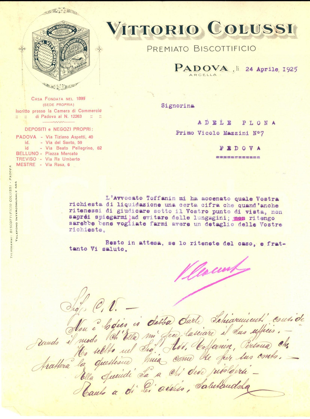 Documento originale, autentico 1925 PADOVA Vittorio COLUSSI Premiato biscottificio  Fattura intestata 1
