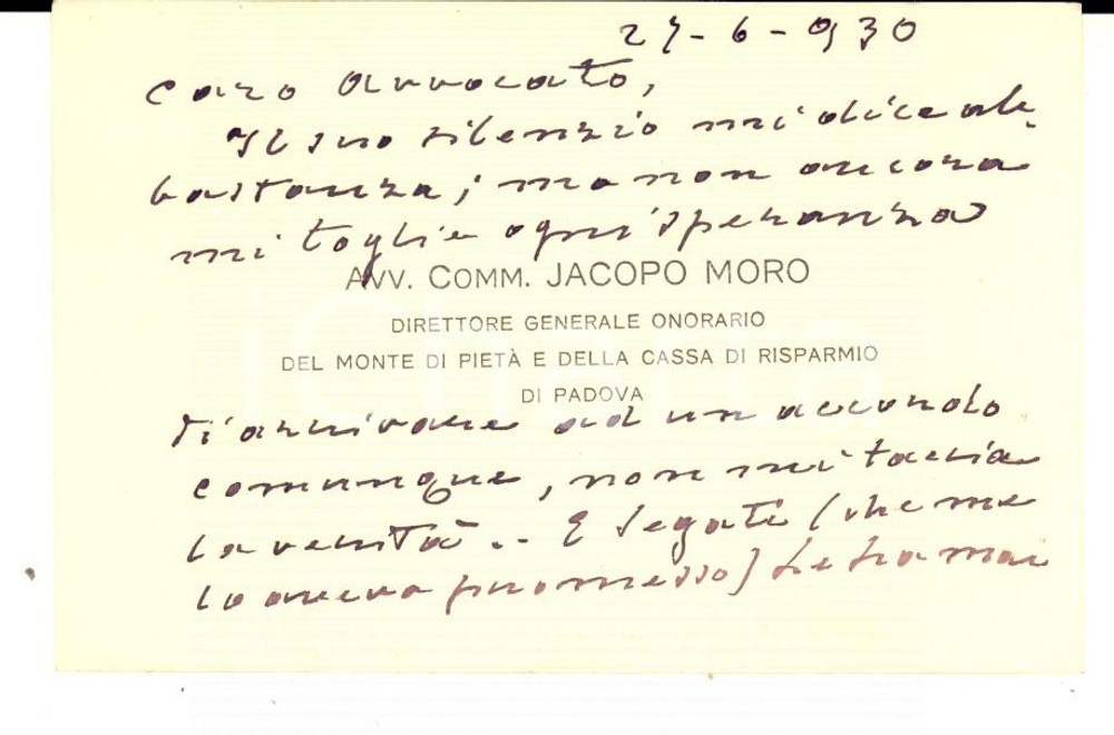 Autografo originale 1930 PADOVA Jacopo MORO Direttore Cassa di Risparmio  Biglietto autografo 1