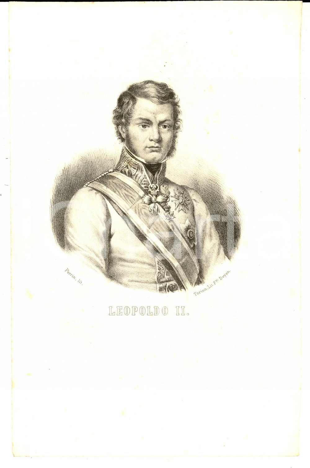 Stampa, bozzetto originale 1850 ca TORINO Ritratto di Leopoldo II di Toscana Lit. DOYEN Inc. PERRIN 1