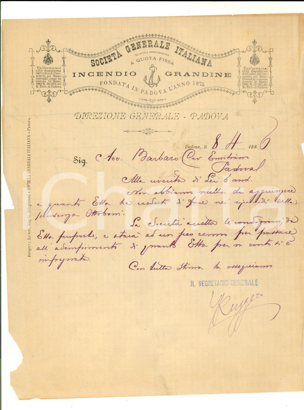 Documento originale, autentico 1886 PADOVA SocietÃ  Generale Italiana  Incendio Grandine Fattura intestata 1