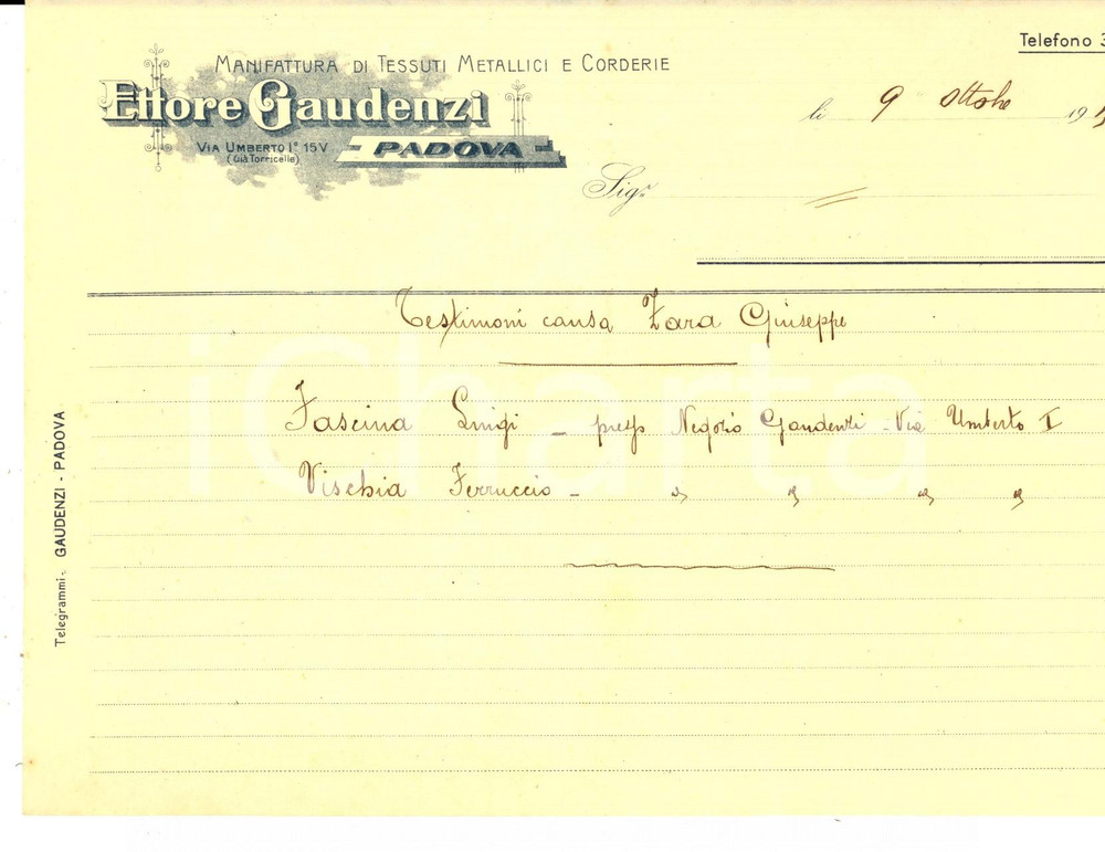 Documento originale, autentico 1915 PADOVA Ettore GAUDENZI Manifattura tessuti metallici  Carta intestata 1