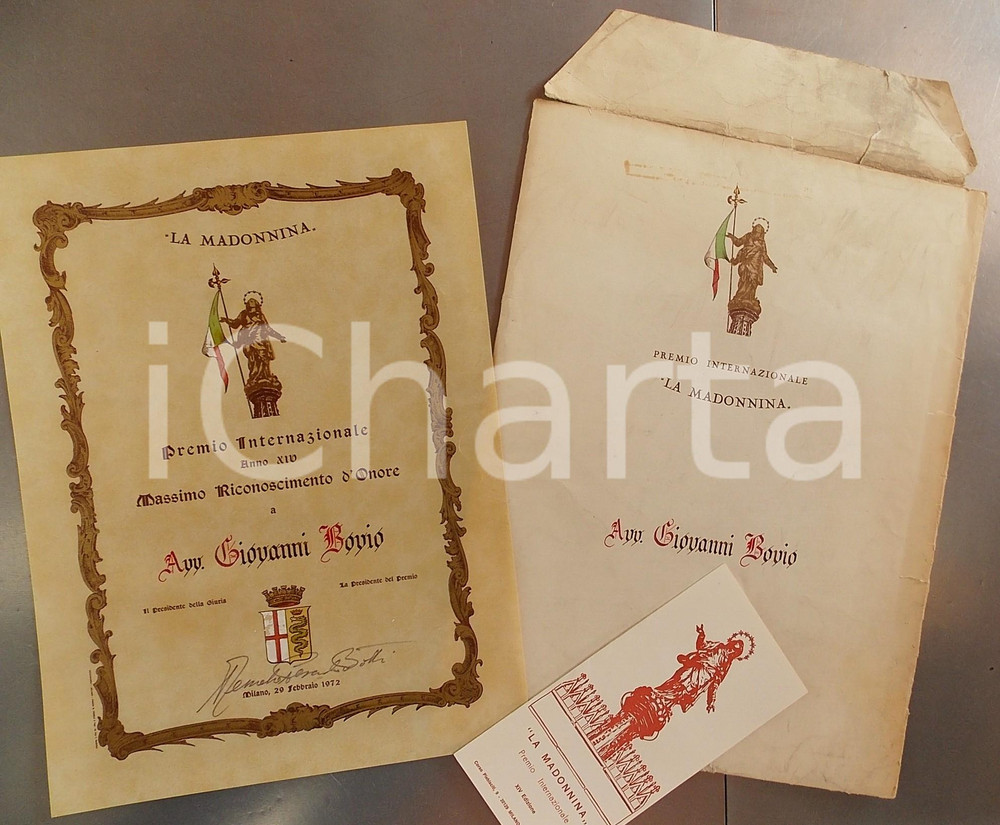 Documento originale, autentico 1972 MILANO Premio LA MADONNINA  Attestato d onore avv. Giovanni BOVIO 1