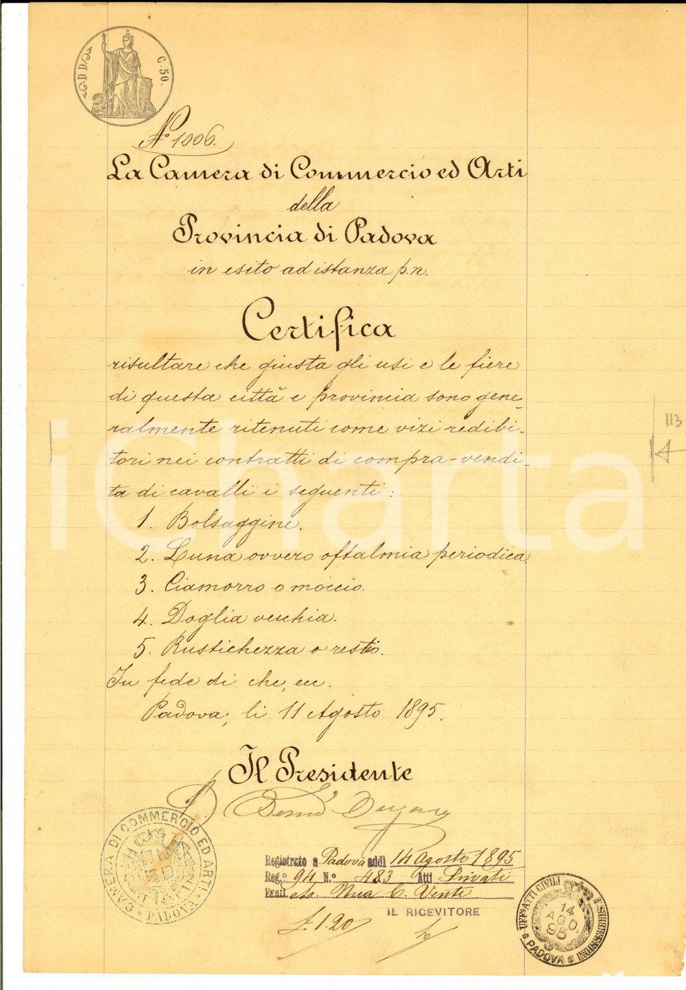 Documento originale, autentico 1895 PADOVA Vizi redibitori nella compravendita dei cavalli Documento 1