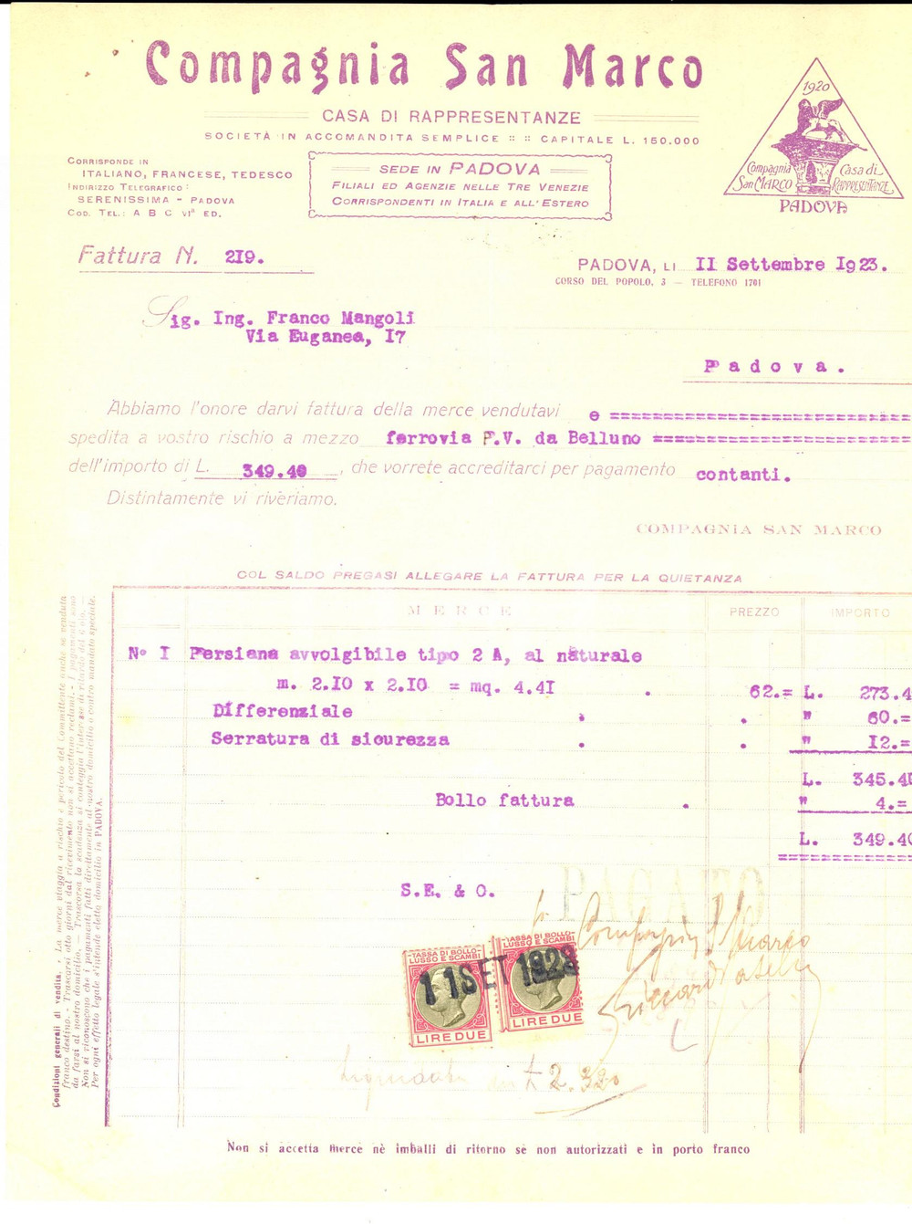 Documento originale, autentico 1923 PADOVA Compagnia SAN MARCO Rappresentanze  Fattura intestata con bolli 1