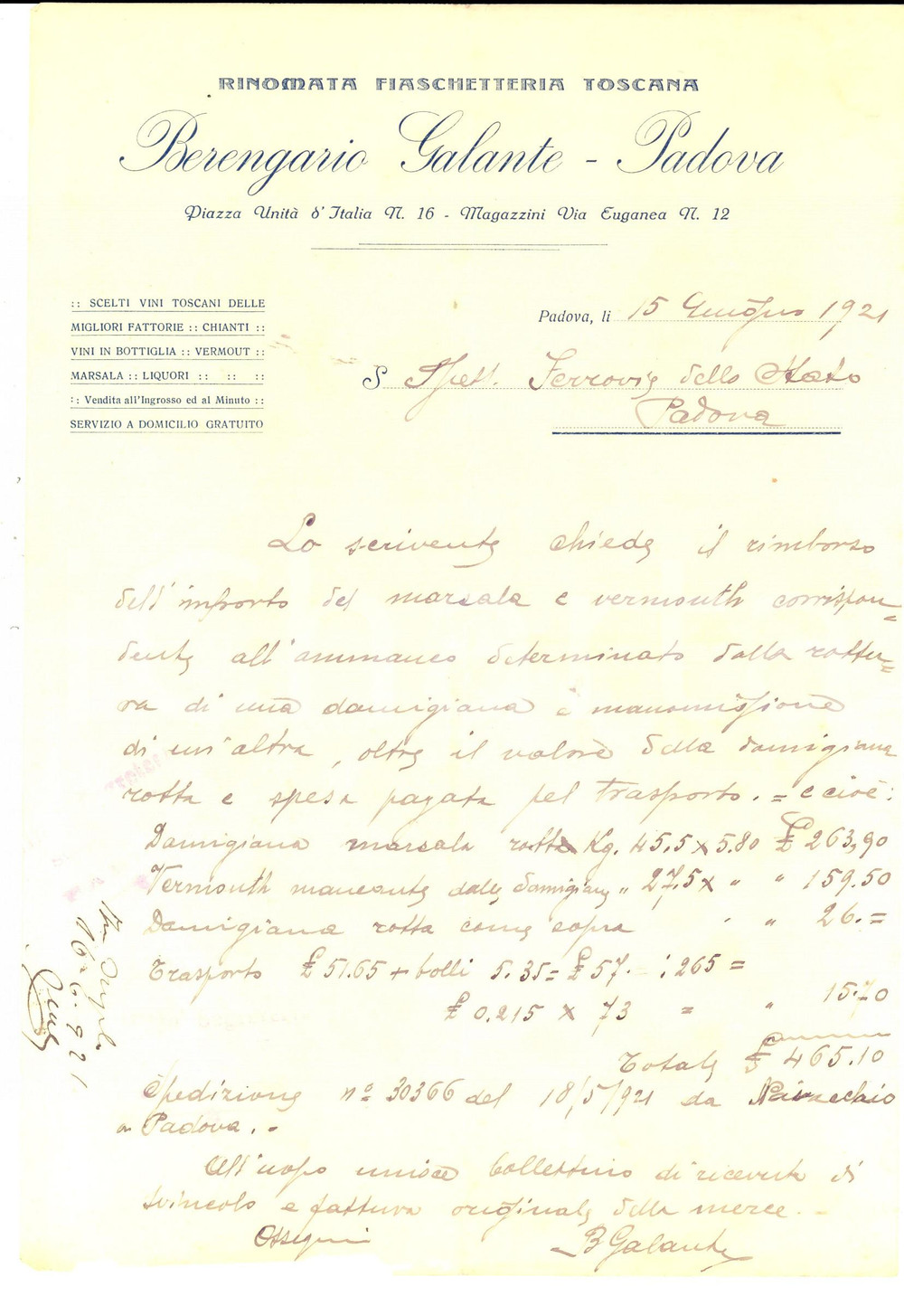 Documento originale, autentico 1921 PADOVA Fiaschetteria Toscana Berengario GALANTE Lettera commerciale 1