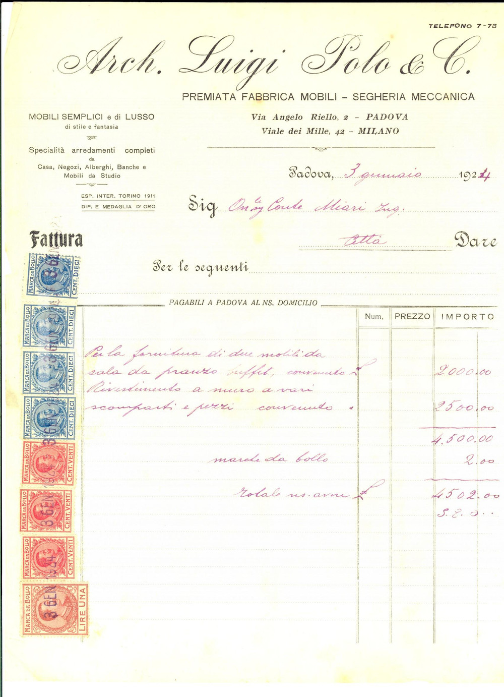 Documento originale, autentico 1924 PADOVA Architetto Luigi POLO & c. Fabbrica mobili  Fattura con bolli 1