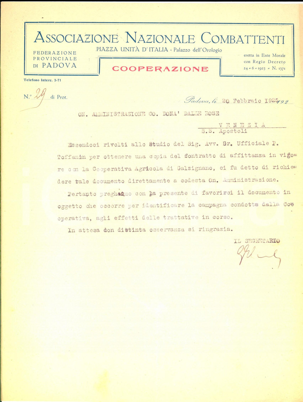 Documento originale, autentico 1925 PADOVA Associazione Nazionale Combattenti  Lettera per affitto cooperativa 1