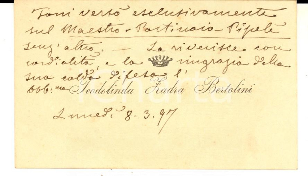 Autografo originale 1897 PADOVA Nobile Teodolinda ZADRA BERTOLINI Biglietto da visita autografo 1