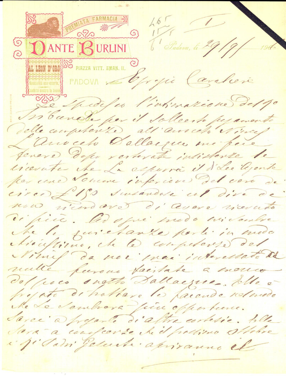 Documento originale, autentico 1906 PADOVA Premiata Farmacia Dante BURLINI  Al Leon d Oro  Carta intestata 1
