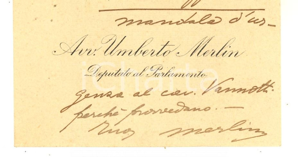 Oggetto da collezione cartaceo 1920 ca PADOVA Avv. Umberto MERLIN Deputato  Biglietto da visita autografo 1