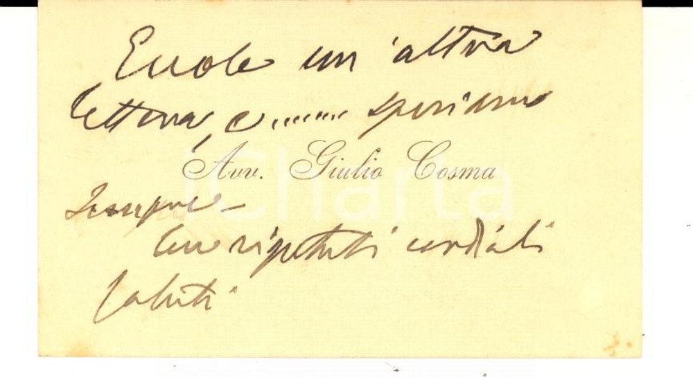 Oggetto da collezione cartaceo 1900 ca PADOVA Avv. Giulio COSMA  Biglietto da visita con messaggio autografo 1