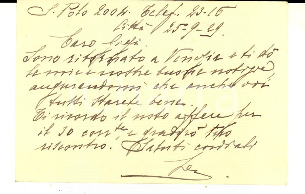 Autografo originale 1929 SAN POLO Nobile Leonardo DONA  DALLE ROSE Biglietto da visita autografo 1