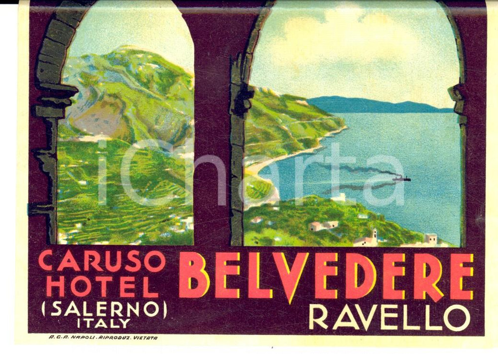 Materiale pubblicitario d’epoca 1930 ca RAVELLO SA Hotel CARUSO  BELVEDERE  Etichetta pubblicitaria 13x9 cm 1