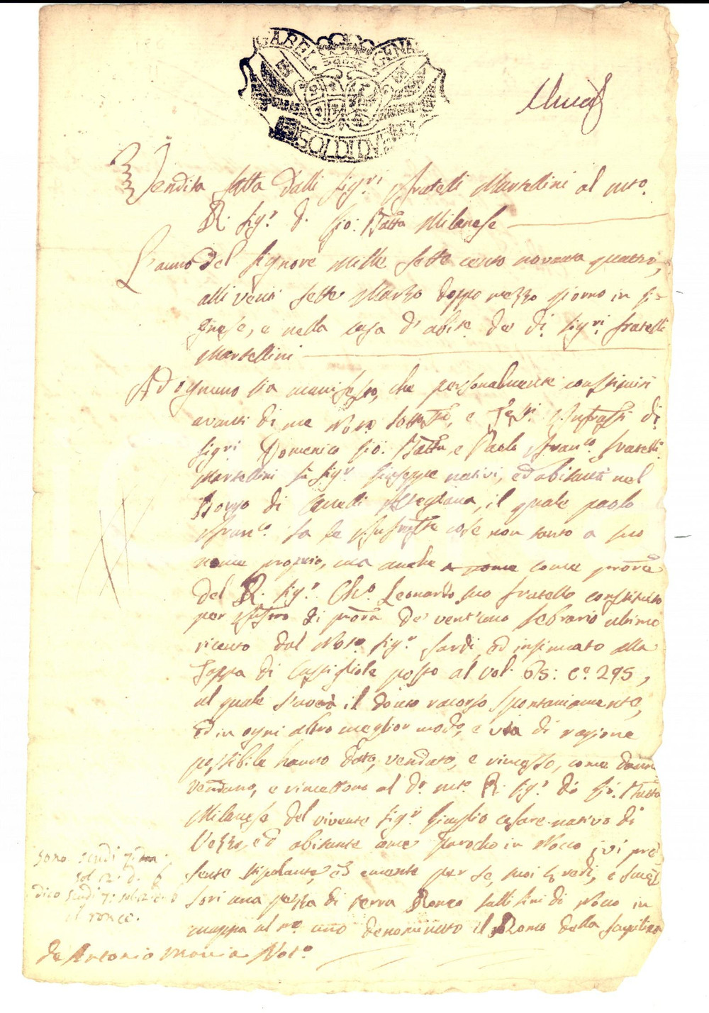 Documento originale, autentico 1794 GIGNESE VB Fratelli MARTELLINI vendono terre a Giovanni Battista MILANESE 1
