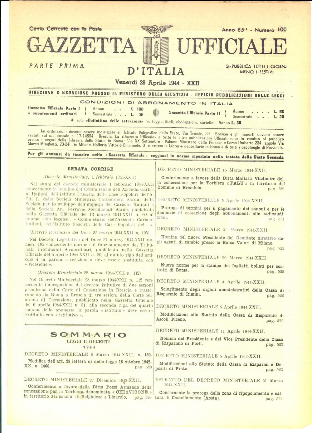 Documento originale, autentico 1944 GAZZETTA UFFICIALE RSI Concessioni delle torbiere CHIAVICONE e PALU 1