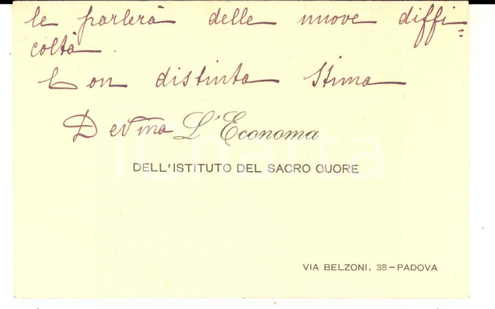 Oggetto da collezione cartaceo 1916 PADOVA Istituto SACRO CUORE  Economa Biglietto da visita manoscritto 1