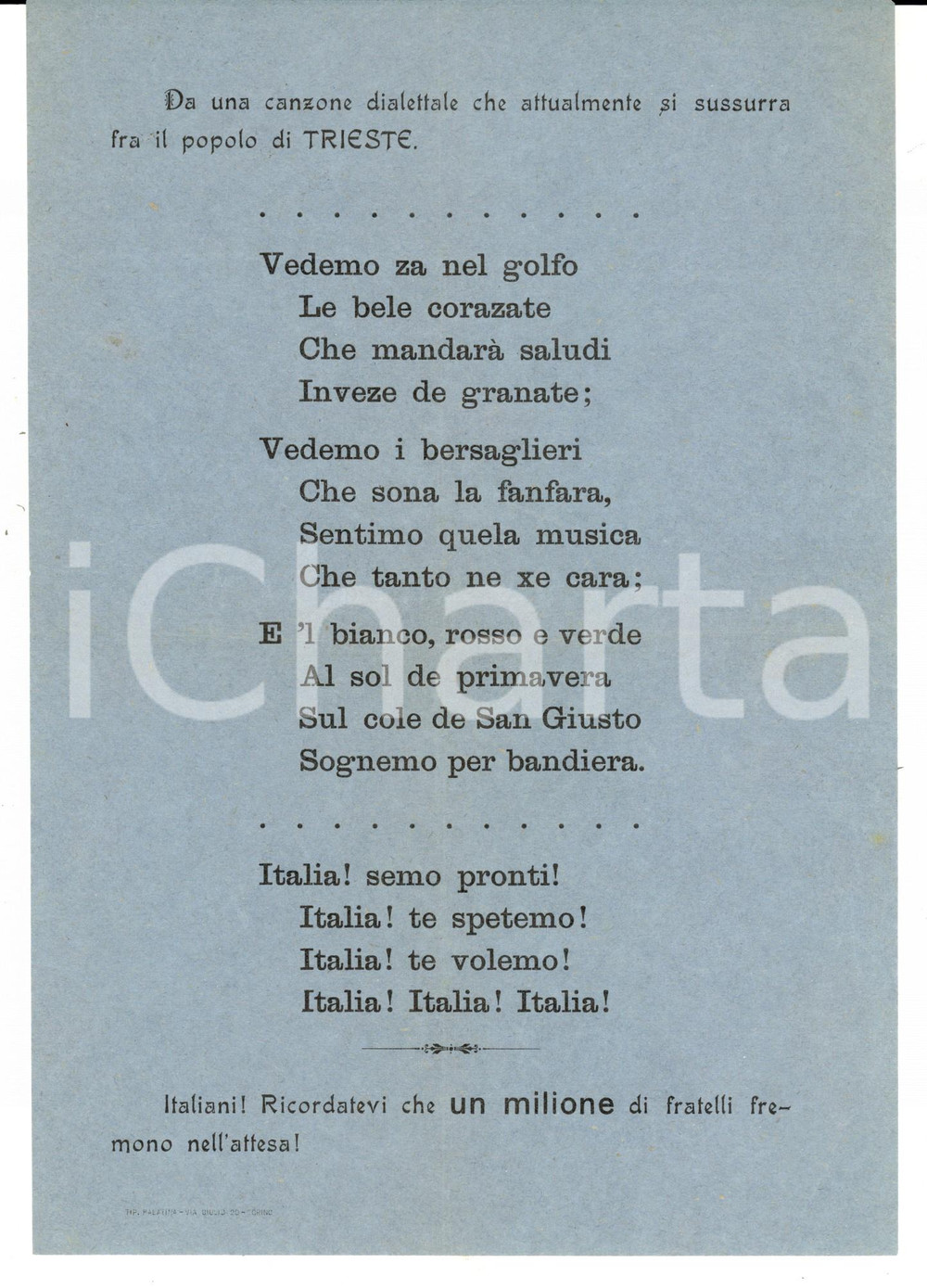 Documento originale, autentico 1915 ca IRREDENTISMO TRIESTE  Vedemo za nel golfo le bele corazate Volantino 1