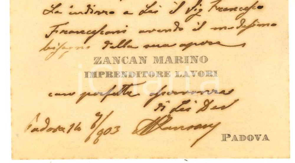 Oggetto da collezione cartaceo 1903 PADOVA Marino ZANCAN Imprenditore lavori  Biglietto da visita autografo 1