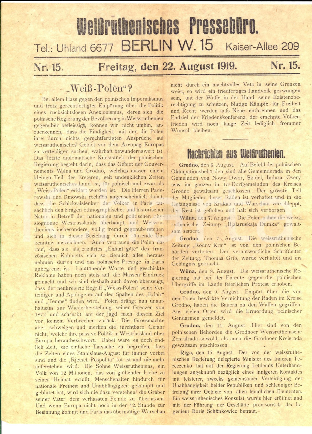Documento originale, autentico 1919 BERLIN WEISSRUTHENISCHES PRESSEBURO WeissPolen? Bollettino nÂ° 15 1