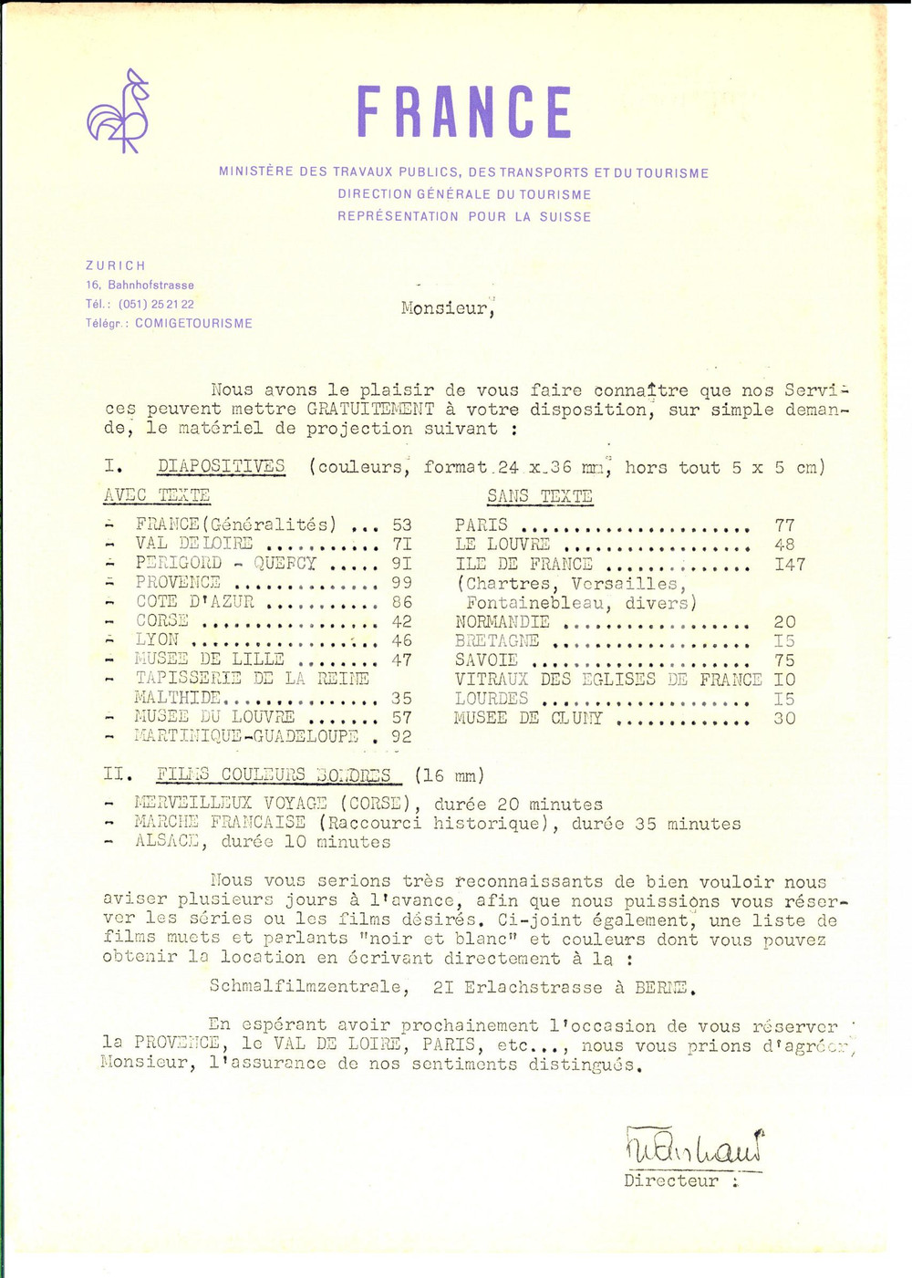 Manoscritto, lettera originale 1950 ca ZURICH ReprÃ©sentation tourisme FRANCE  Offre diapositives Lettre 1