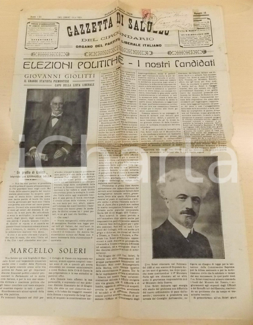 Giornale, rivista storica 1924 GAZZETTA DI SALUZZO Giovanni GIOLITTI e Marcello SOLERI DANNEGGIATO 1