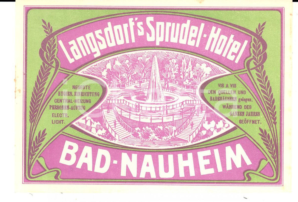 Materiale pubblicitario d’epoca 1910 ca BAD NAUHEIM  LANGDORF S SPRUDEL Hotel Etichetta pubblicitaria 14x10 cm 1