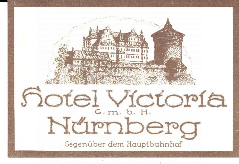 Materiale pubblicitario d’epoca 1920 ca NORIMBERGA/ NURNBERG Hotel VICTORIA Etichetta pubblicitaria 11x8 cm 1