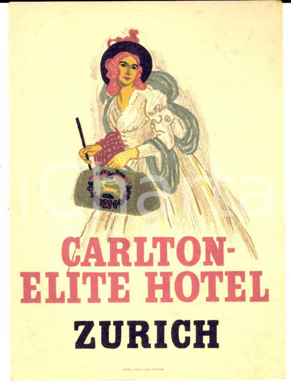 Materiale pubblicitario d’epoca 1930 ca ZURICH CARLTONELITE Hotel Etichetta pubblicitaria VINTAGE 10x13 cm 1