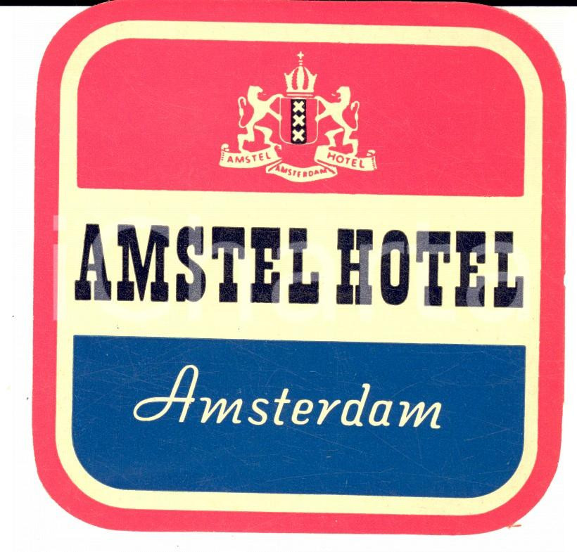 Materiale pubblicitario d’epoca 1940 ca AMSTERDAM  AMSTEL Hotel Etichetta pubblicitaria VINTAGE 10x10 cm 1
