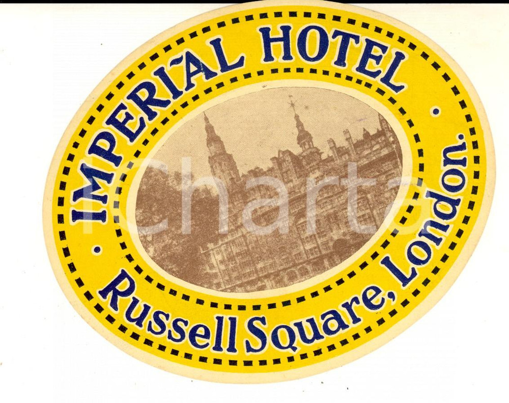 Materiale pubblicitario d’epoca 1930 ca LONDON Russell Square  IMPERIAL Hotel Etichetta pubblicitaria 13x10 cm 1