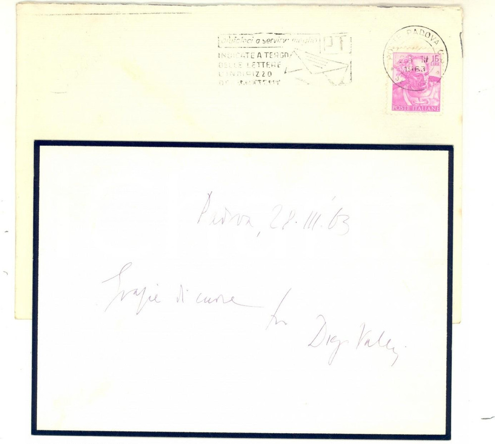 Autografo originale 1963 PADOVA Diego VALERI ringrazia per condoglianze Biglietto AUTOGRAFO 1
