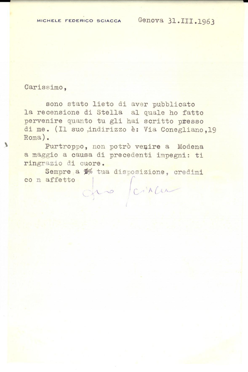 Autografo originale 1963 GENOVA Michele Federico SCIACCA non puÃ² venire a Modena Autografo 1