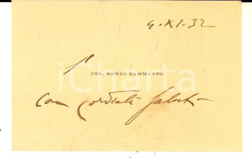 1932 PADOVA Ing. Ennio ZAMMATTO - Biglietto da visita autografo 