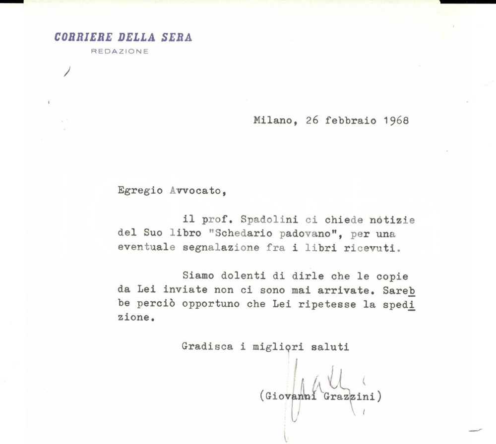 Autografo originale 1968 MILANO Giovanni GRAZZINI chiede libro mai arrivato a SPADOLINI Autografo 1