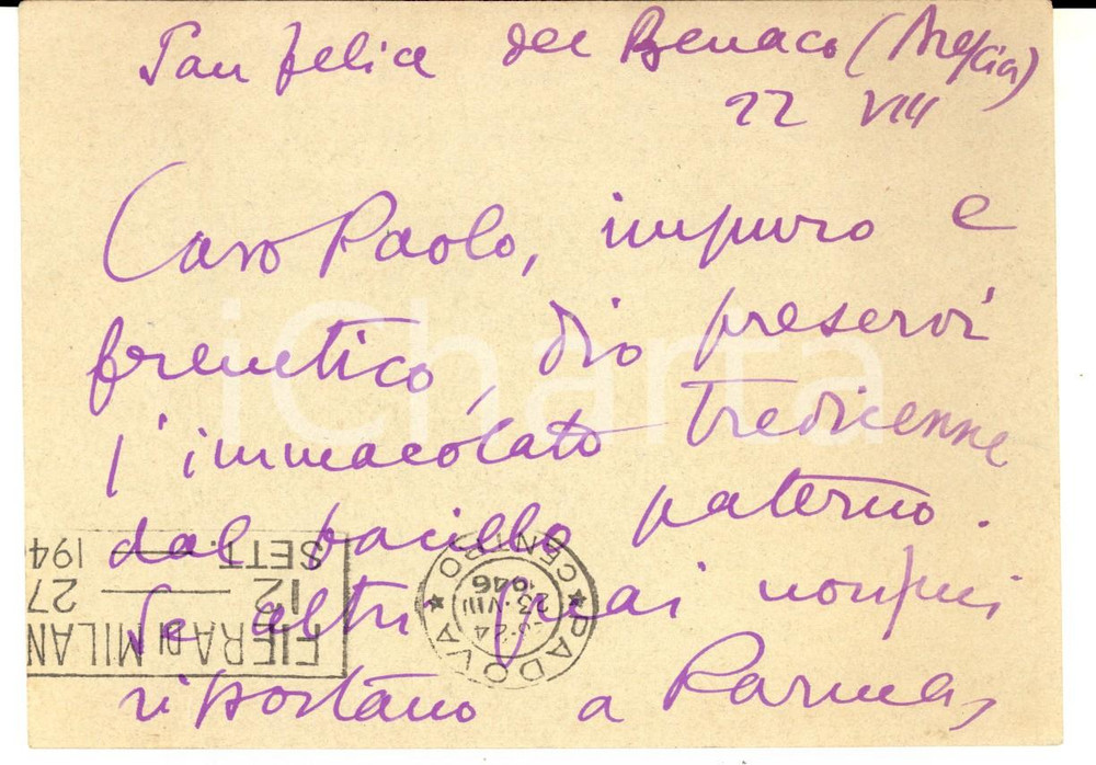 Autografo originale 1946 SAN FELICE DEL BENACO Avv. Aurelio CANDIAN scherza con un amico  Autografo 1