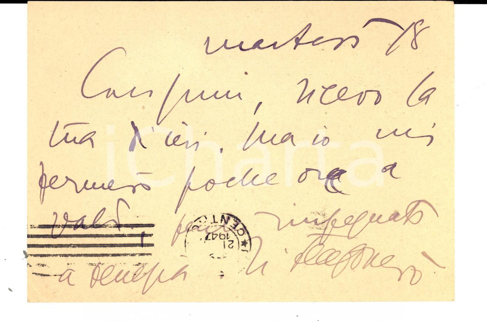 Autografo originale 1947 MILANO Avv. Aurelio CANDIAN impegnato a Venezia  Cartolina AUTOGRAFA 1