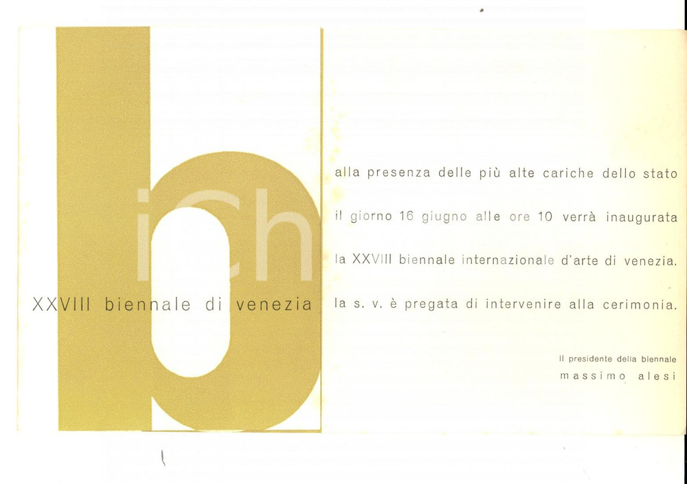 Oggetto da collezione cartaceo 1956 XXVIII BIENNALE DI VENEZIA  Invito per cerimonia di inaugurazione 1