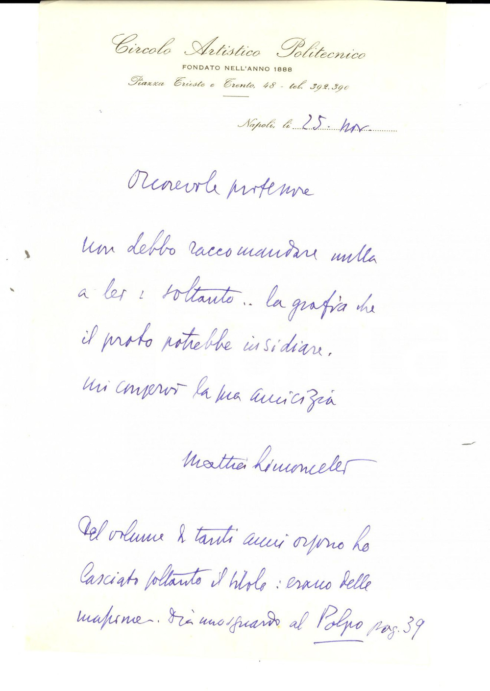 Autografo originale 1950 ca NAPOLI Circolo Artistico Politecnico  Mattia LIMONCELLI AUTOGRAFO 1