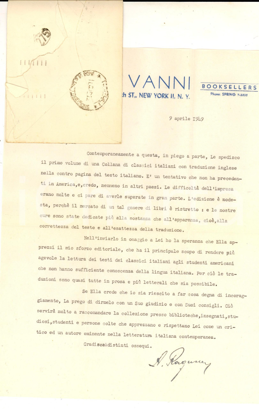 Autografo originale 1949 NEW YORK S. F. VANNI Publishers  Andrea RAGUSA su nuova collana Autografo 1
