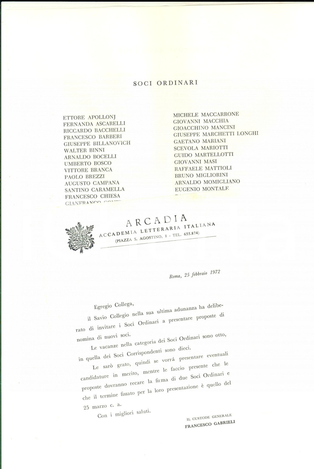 Manoscritto, lettera originale 1972 ROMA ARCADIA Accademia Letteraria Italiana  Lettera con elenco soci 1