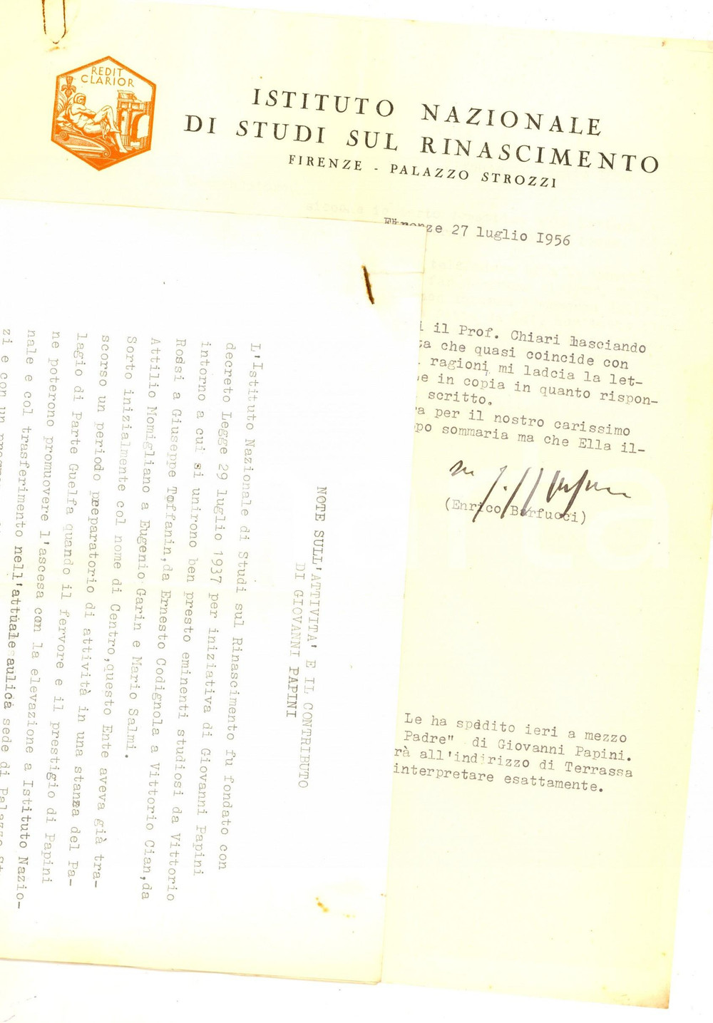 Manoscritto, lettera originale 1956 FIRENZE Enrico BARFUCCI invia note di Alberto CHIARI su Papini Lettera 1