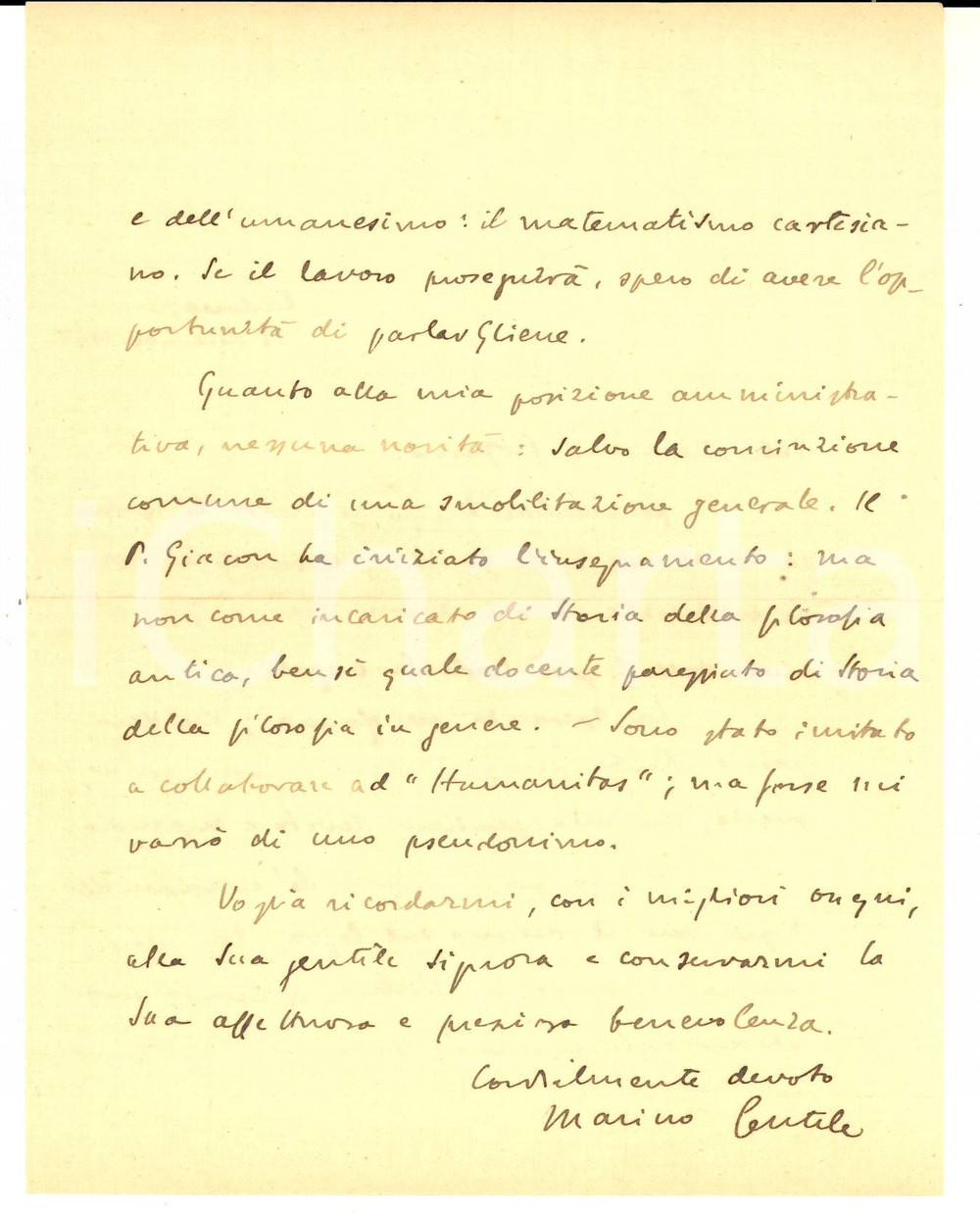 Autografo originale 1945 PADOVA Marino GENTILE prepara studio sul materialismo cartesiano AUTOGRAFO 1