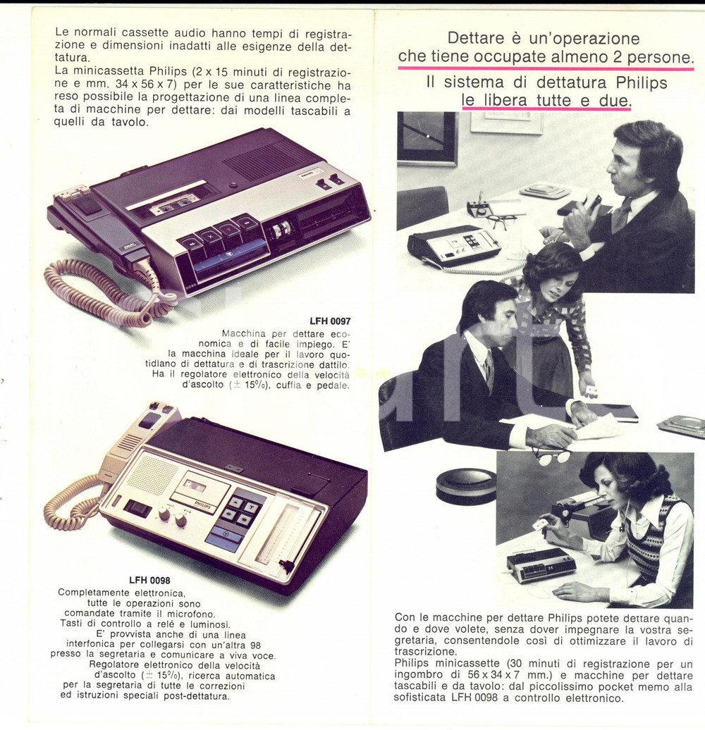 Materiale pubblicitario d’epoca 1970 ca PHILIPS Macchine per dettare  Minicassette Pieghevole ILLUSTRATO 1